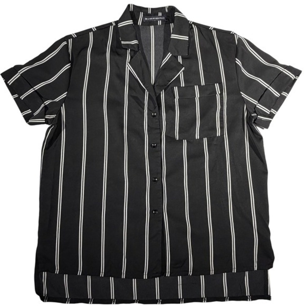 Brandy Melville Womens Black White Striped Short Sleeve Button Up Shirt One Size